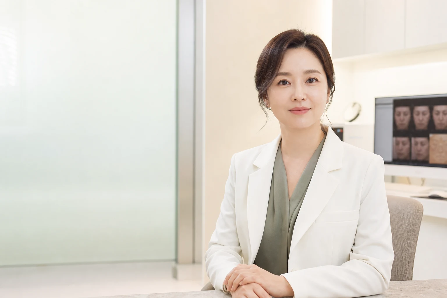 밝은 피부과 진료실에 앉아 있는 의료진 콘셉트 인물