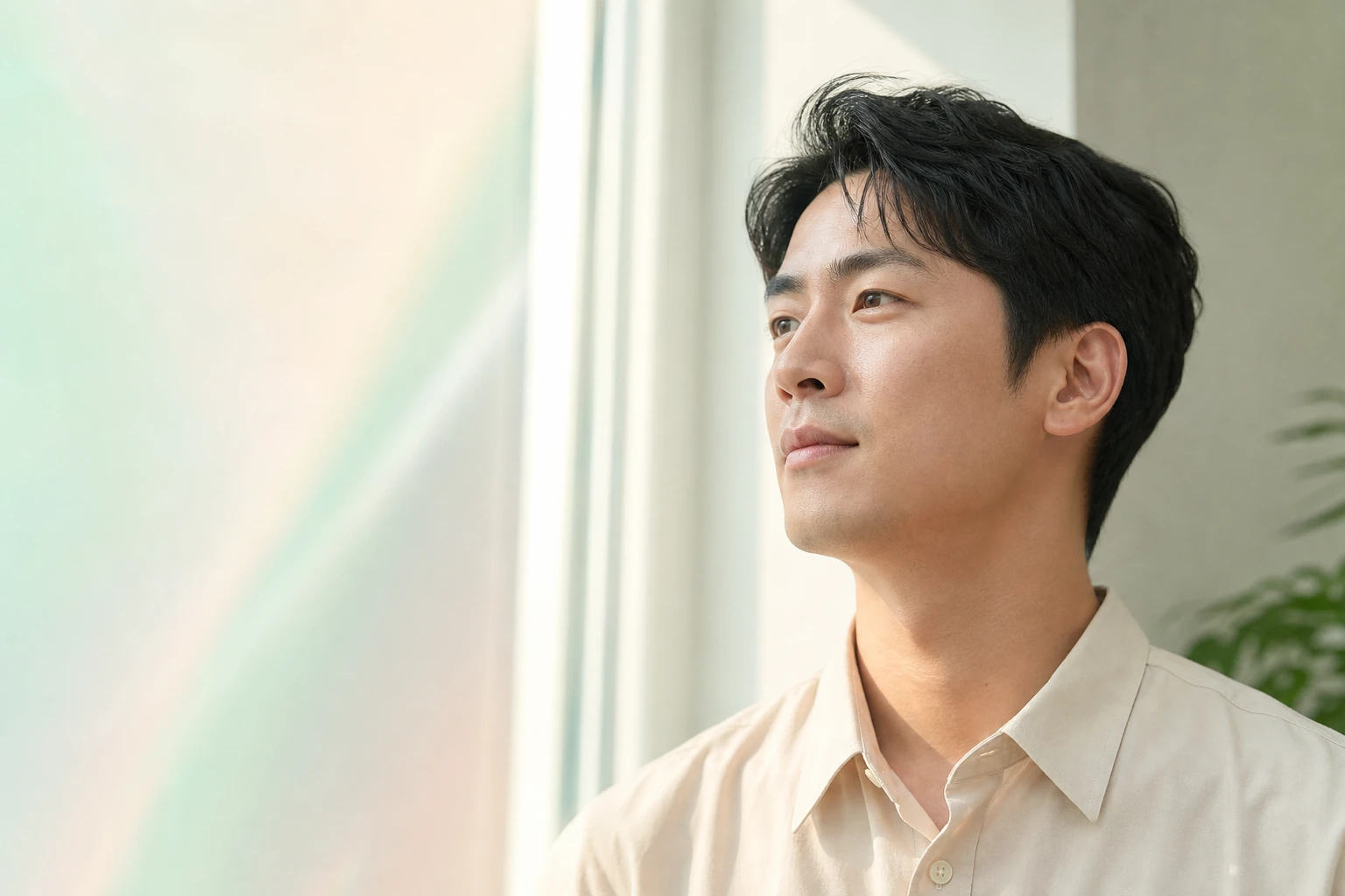 맑은 자연광을 바라보는 자연스러운 피부의 남성 인물 콘셉트