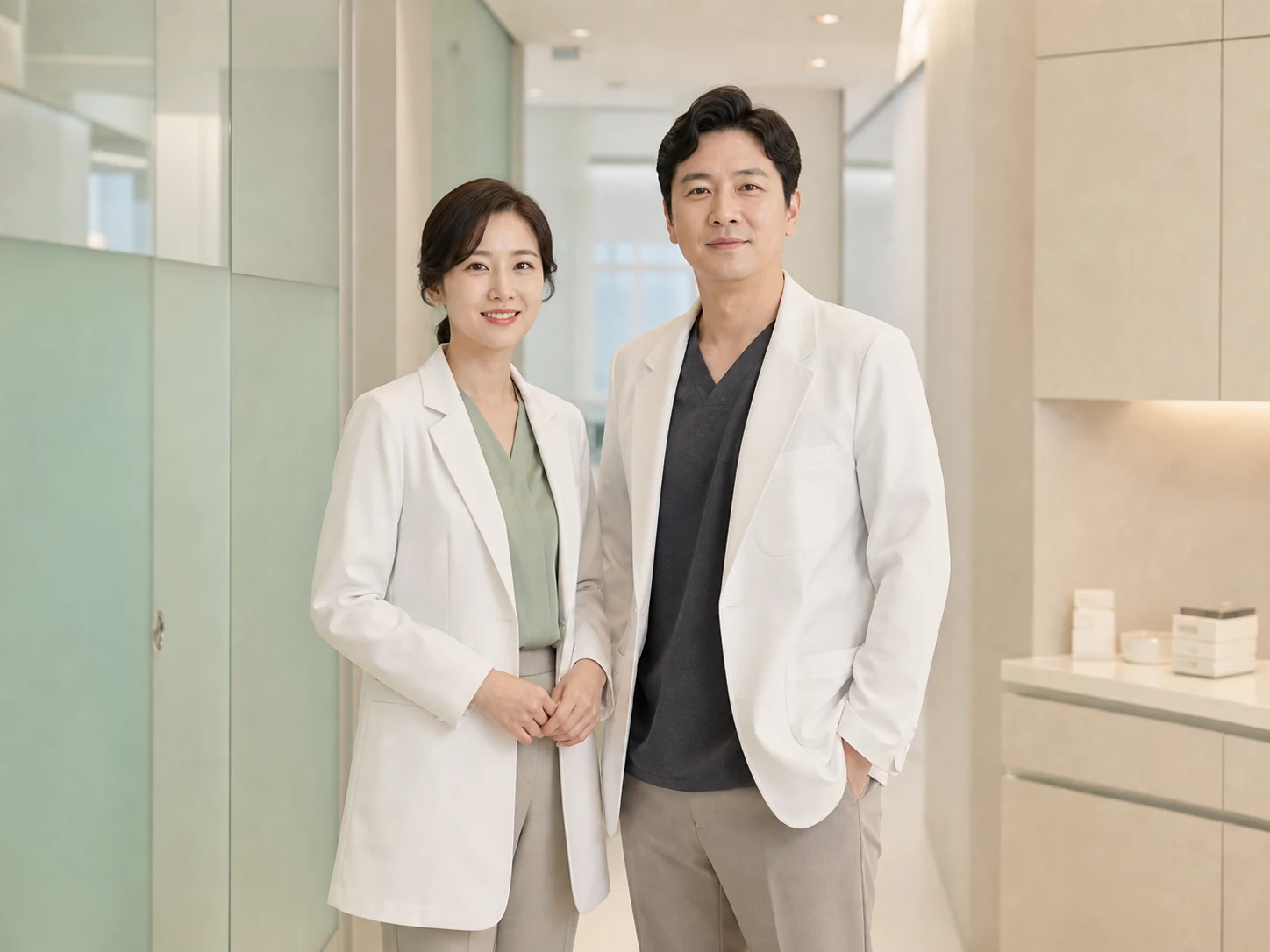 밝은 진료 공간에 함께 서 있는 두 의료진 콘셉트 인물